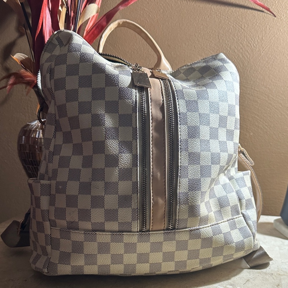 Checkered Gray and Tan Backpack